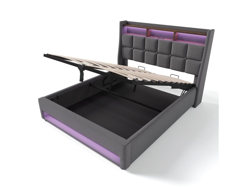  Lit coffre tcqpz 140 x 200 cm gris avec led, usb, rangement et sommier à lattes en métal  - Conforama A