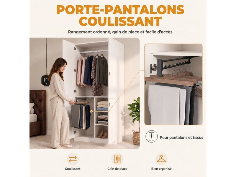  Armoire penderie 4 portes 90x50x200 cm avec 2 tiroirs et penderie, finition chêne  - Conforama R