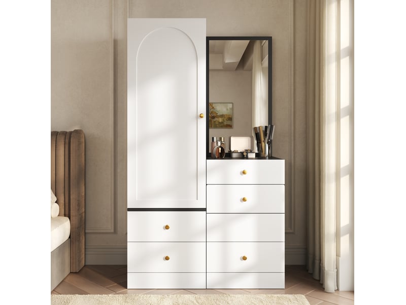  Armoire coiffeuse modenvie avec miroir plein pied, tabouret escamotable, 90 x 50,5 x 160 cm, mdf noir et blanc  - Conforama B