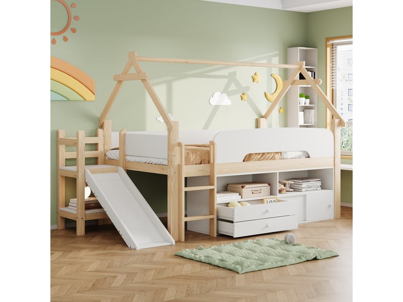  Lit mezzanine enfant 90 x 200 cm avec toboggan et rangements, bois et mdf, coloris bois naturel et blanc  - Conforama B