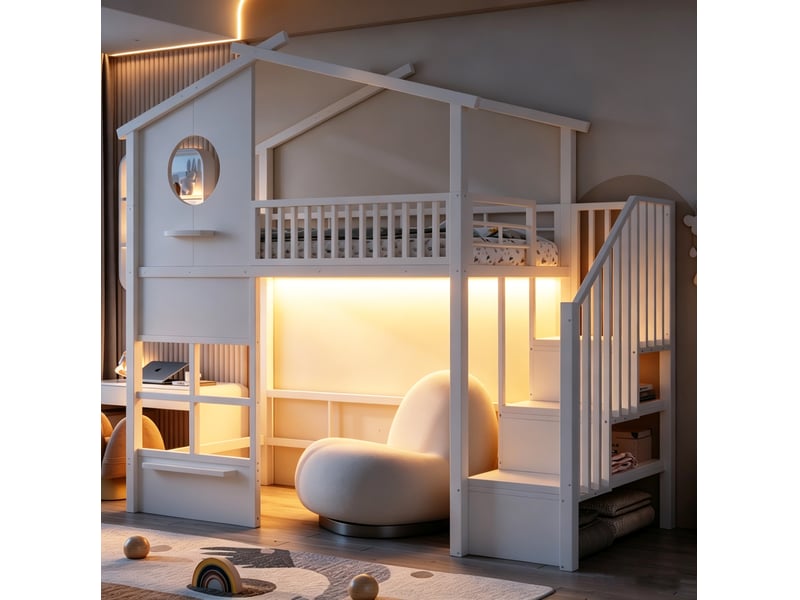  Lit mezzanine 90x200 cm avec bande led et escalier avec rangements intégrés, métal, coloris blanc, vendu sans matelas  - Conforama E