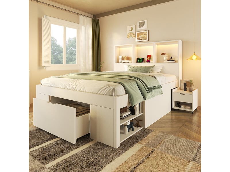  Lit coffre 90x200 cm avec led - charge usb type-c - table de chevet escamotable - tiroirs et étagères - rangement intégré - panneaux de bois - blanc CozyNest - Conforama B