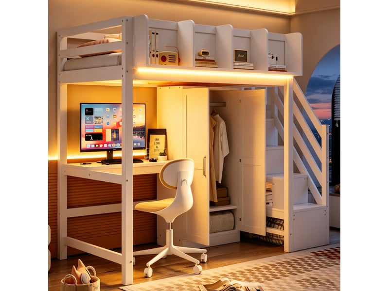  Lit mezzanine 90 x 200 cm avec bureau, armoire, led et rangements, blanc  - Conforama E