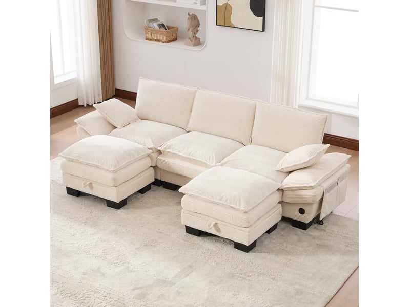 Canapé modulable 3 places 260x132x84 cm avec 2 poufs velours côtelé beige - Conforama D