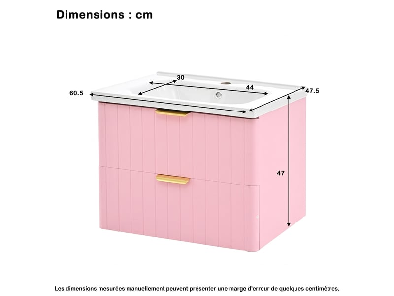  Meuble vasque suspendu rose et blanc 60,5 cm avec vasque en céramique et rangement 2 niveaux  - Conforama C