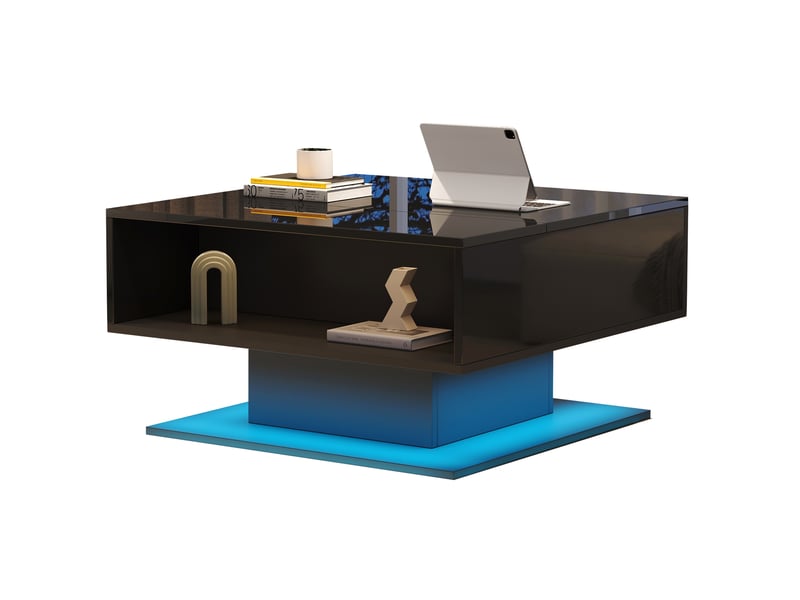  Table basse relevable avec espace caché, niche ouverte et led pour salon, 80 × 75 × 40 cm, en panneaux de particules, noir  - Conforama A