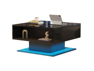 Table basse relevable avec espace caché, niche ouverte et led pour salon, 80 × 75 × 40 cm, en panneaux de particules, noir
