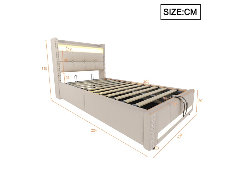  Lit coffre enfant 90x200 cm avec led et usb, tissu en lin beige  - Conforama E