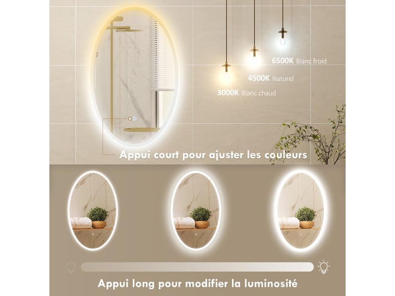  Miroir de salle de bain led ovale sans cadre anti-buée en verre trempé 50x4x80 cm  - Conforama E