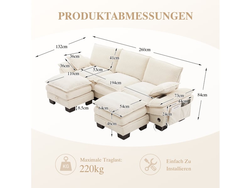Canapé 3 places modulable en velours côtelé beige avec 2 poufs, port usb-c et poches latérales - Conforama E