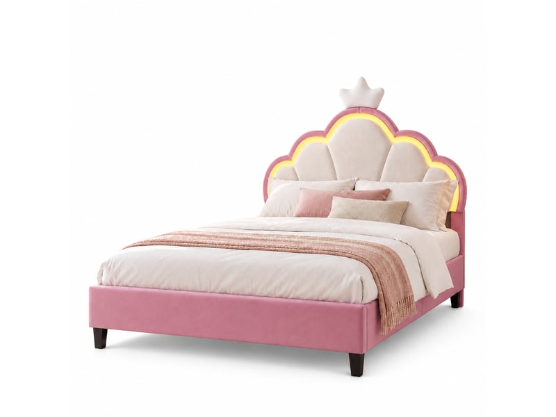  Lit enfant fille 140x200 cm en velours, lit rembourré double avec led, lit princesse avec tête de lit réglable, décoration couronne et sommier à lattes, design rembourré moderne, rose  - Conforama A
