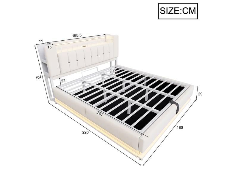  Lit coffre 180 x 200 cm led, ports usb et prises, velours beige, sommier métal  - Conforama C