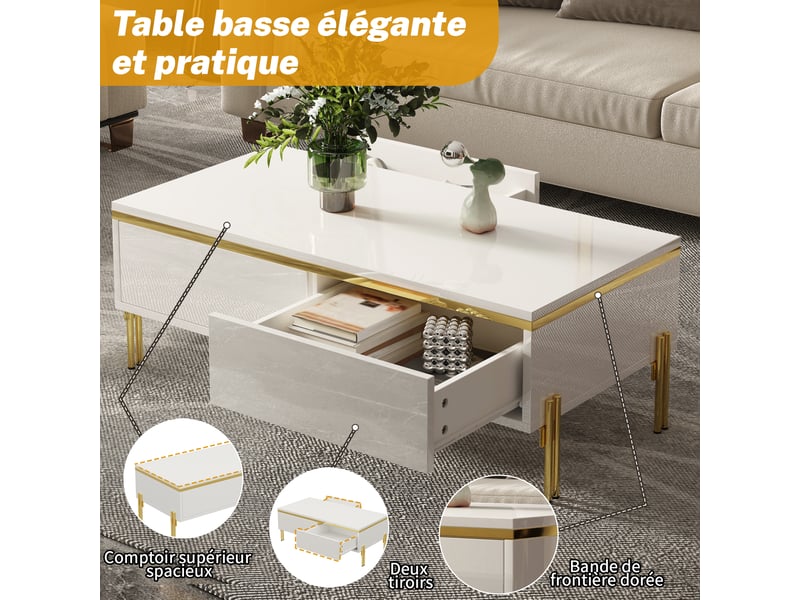 Table basse moderne laquée brillante, table d'appoint élégante, multifonctionnelle, meuble de salon, 100 x 50 x 36 cm (longueur x largeur x hauteur) - Conforama D