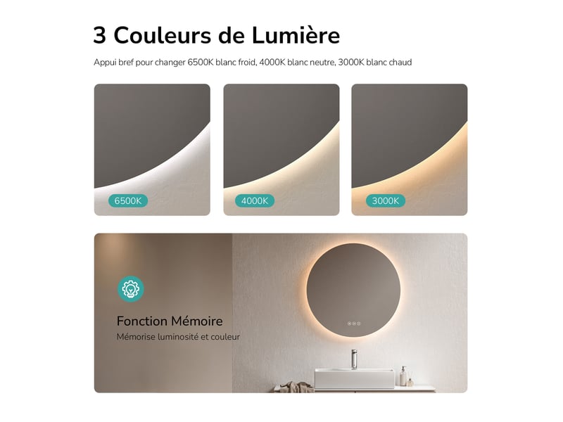 Emke miroir de salle de bain led rond diamètre 60 cm, anti-buée, rétro-éclairage sans cadre, interrupteur tactile, 3 couleurs de lumière - Conforama C