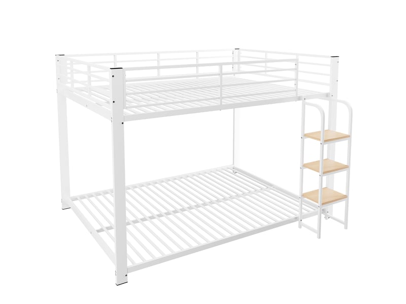  Lit superposé 140 × 200 cm 2 places avec escalier, barrière de sécurité et structure silencieuse, sans matelas, blanc  - Conforama E