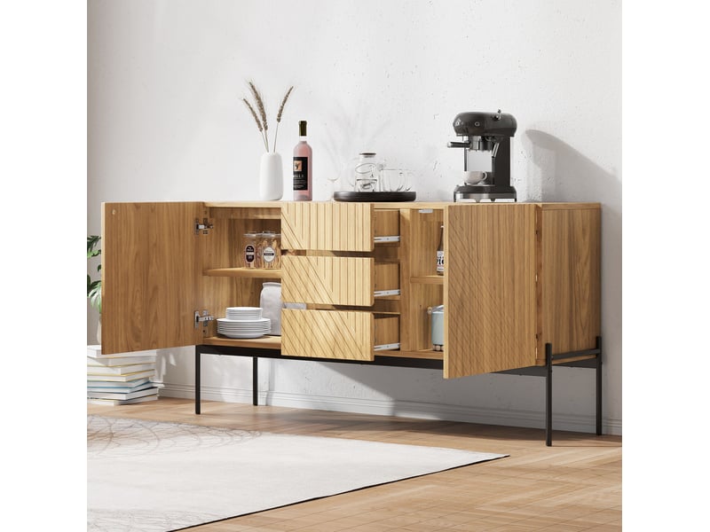  Meuble tv avec 2 portes, 3 tiroirs et pieds en métal, naturel, 140 x 40 x 75 cm  - Conforama B