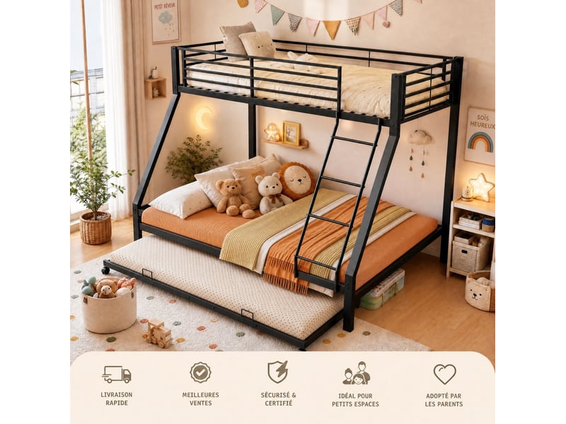  Lit superposé 3 places 90 × 200 cm et 140 × 200 cm avec lit gigogne 90 × 190 cm, sans matelas, métal noir  - Conforama E