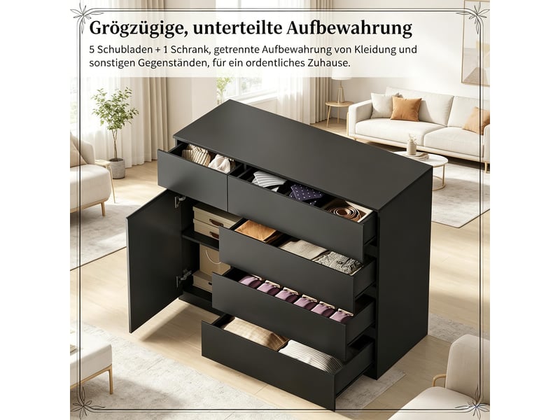  Commode meuble de rangement 5 tiroirs 1 porte en panneau de particules 100x40x80 cm  - Conforama E