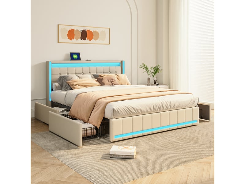  Cadre de lit rembourré beige 160×200 cm avec éclairage led et ports usb, lit double avec 4 tiroirs de rangement, lit plateforme moderne en tissu (matelas non inclus) 231115TT0505#ADHW7xsLfxFRHF - Conforama B