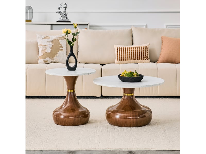  Lot de 2 tables basses rondes 70x42+50x51 cm, table d'appoint canapé, design empilable, marbre, métal, noyer et blanc  - Conforama B