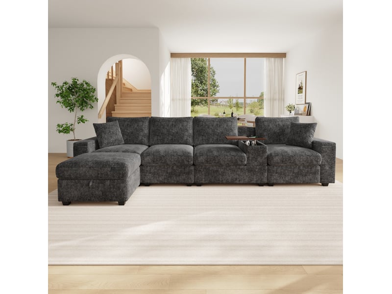  Canapé d’angle modulaire 5 places en chenille gris avec ottomane et rangement  - Conforama D
