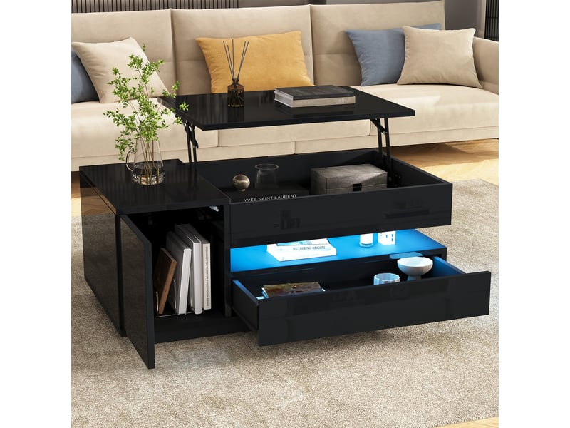  Table basse relevable avec 1 tiroir, 1 placard et led pour salon 95×50×40 cm en panneaux de particules noir  - Conforama B