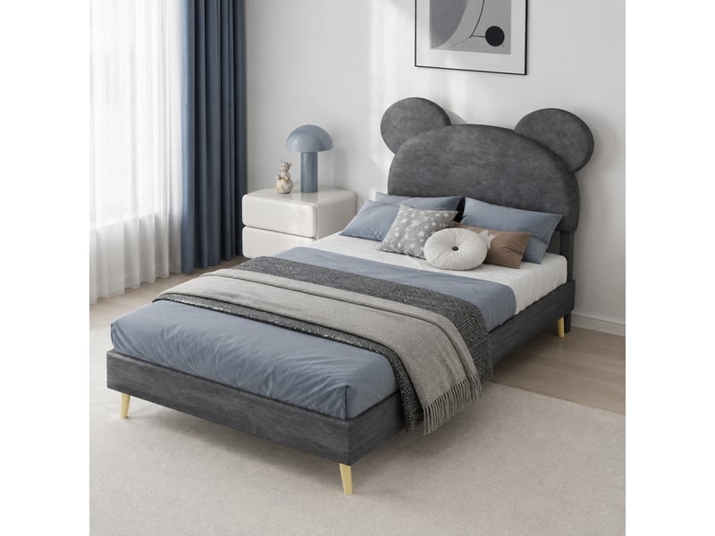  Lit coffre enfant 200×90 cm avec tête de lit rembourrée en forme de dessin animé, sans matelas, en tissu gris  - Conforama B