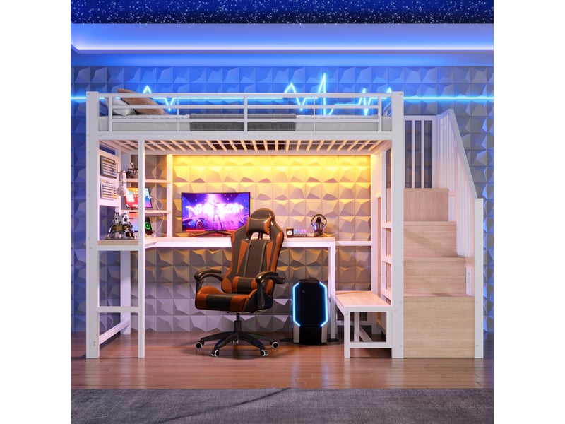  Lit mezzanine 90x200 cm blanc avec bureau, rangements, led et ports usb, pour optimiser la chambre, sans matelas  - Conforama E