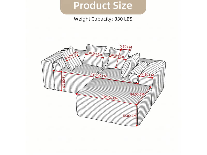  Canapé modulable d’angle compressé 217x110x60 cm 3 places en mousse et velours côtelé couleur beige, moderne  - Conforama C