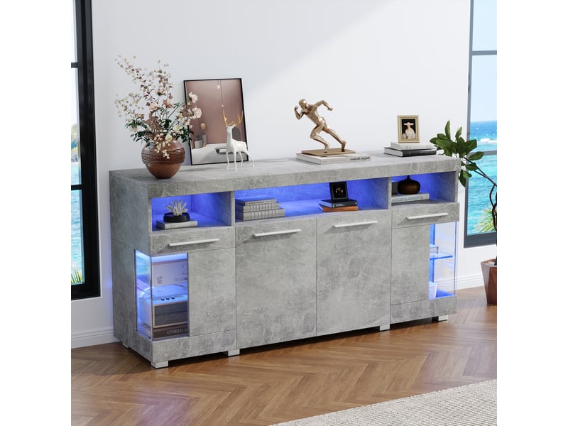 Buffet salon industriel gris ciment 140x40x70cm, meuble rangement mdf avec verre trempé et éclairage led intégré - Conforama W