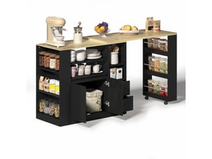Îlot de cuisine extensible noir et bois, îlot central 115 cm avec rangements et plateau tournant pour salle à manger.