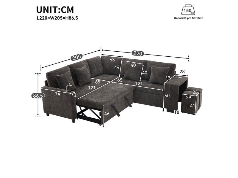 Canapé d'angle convertible 5 places en chenille gris avec coffre intégré et méridienne réversible - Conforama C