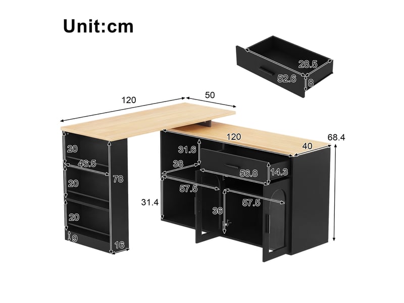  Desserte de cuisine 120x50x78 cm avec plateau pivotant et rangement en mélaminé, meuble cuisine, couleur noir et bois  - Conforama C