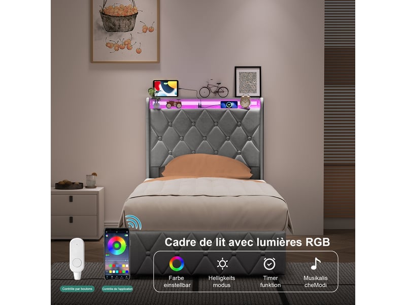 Lit coffre 90x200 cm avec led et usb, lit simple capitonné avec rangement hydraulique, lit 1 place avec sommier à lattes, lit adulte avec tête de lit rembourrée, velours gris - Conforama R