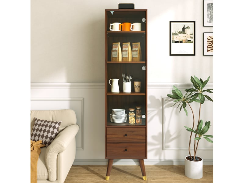  Vitrine, porte en verre, 2 tiroirs, étagères ajustables, intérieur, présentation déco, pour intérieur, en mdf, marron  - Conforama B