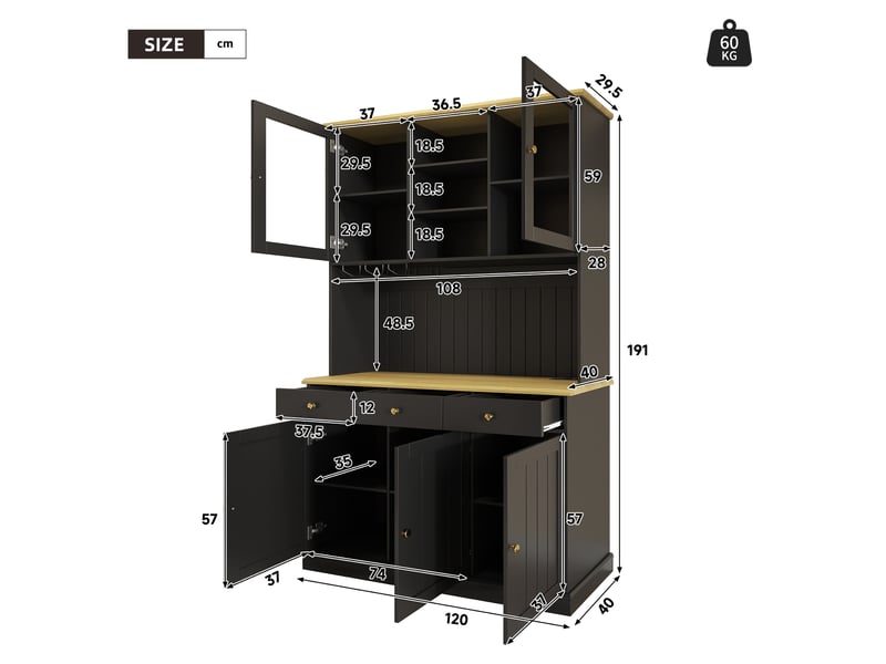 Buffet haut 120x40x191 cm avec portes vitrées, vaisselier de rangement cuisine salle à manger avec prise usb-c et usb-a intégrée - noir - Conforama E