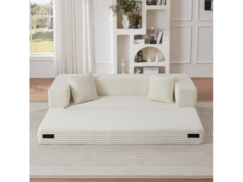  Canapé convertible 3 places 200x76x60 cm, style carré, velours côtelé, blanc  - Conforama E