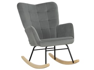 Fauteuil à bascule vintage, patins incurvés, rembourrage épais, bois de hêtre et acier, gris foncé
