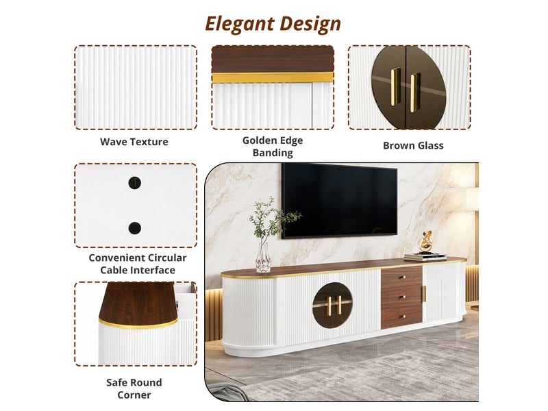  Meuble tv avec 3 tiroirs et 3 portes, portes en verre brun, pour salon, 180 × 40 × 46 cm, en mdf, blanc  - Conforama E