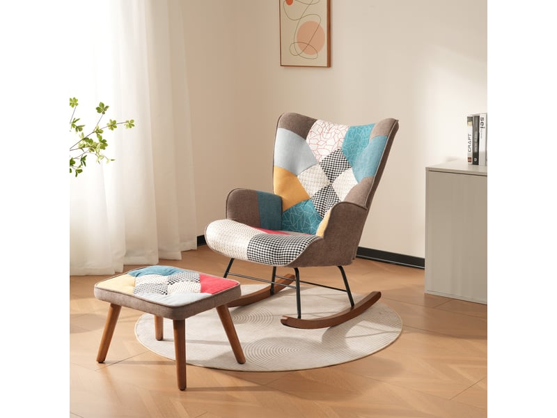  Fauteuil à bascule patchwork capitonné avec repose-pied, structure bois et fer, design tendance pour salon et intérieur  - Conforama D
