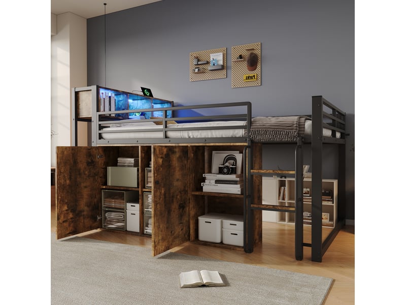 Lit mezzanine 120x200 cm avec armoire, étagères et led, noir et décor bois - Conforama C