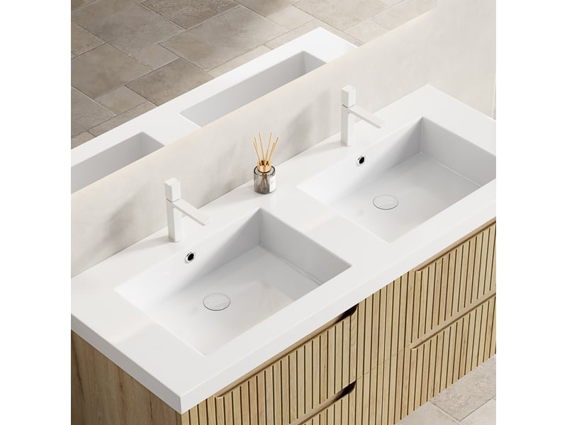  Lavabo double en résine avec plan de travail, bords arrondis, salle de bain, blanc, 132×58×29 cm  - Conforama B