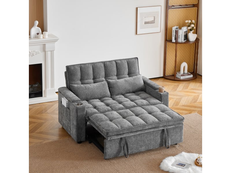 Canapé-lit 3-en-1 142 cm – coussins d’assise et de dossier moelleux, 2 coussins lombaires, tablette et porte-gobelets - Conforama B