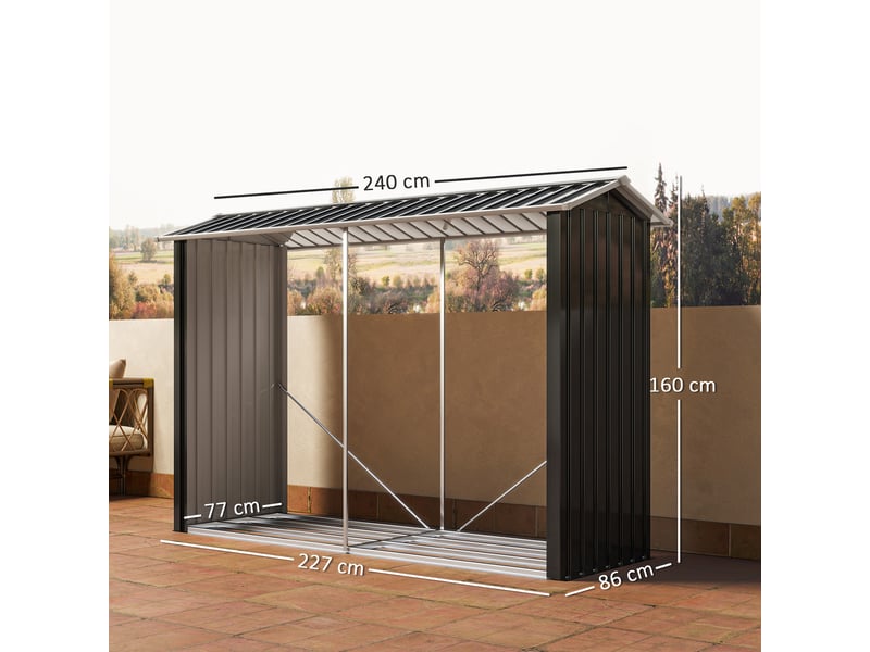 Abri à bûches extérieur en acier galvanisé, base surélevée, 240 x 86 x 160 cm, noir  - Conforama E