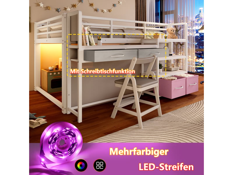 Lit mezzanine 140 x 200 cm avec bureau, rangement et tiroirs en tissu, lit enfant en métal avec rideau, étagère multi-niveaux et lumière led, blanc - Conforama D