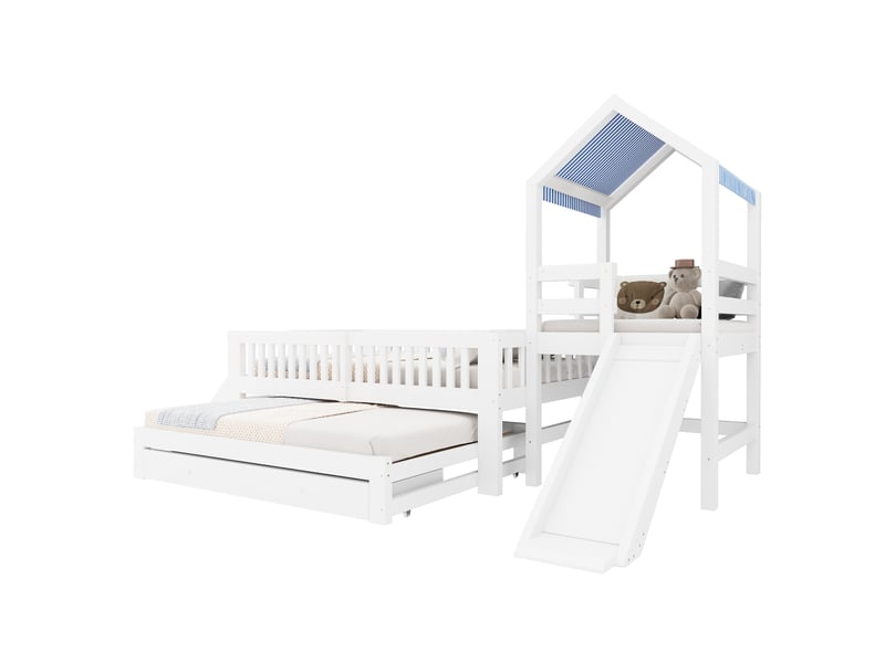 Lit cabane superposé enfant en bois massif 90x200 cm avec lit gigogne 90x190, toboggan, escalier, tiroirs et toit en tissu, blanc - Conforama E