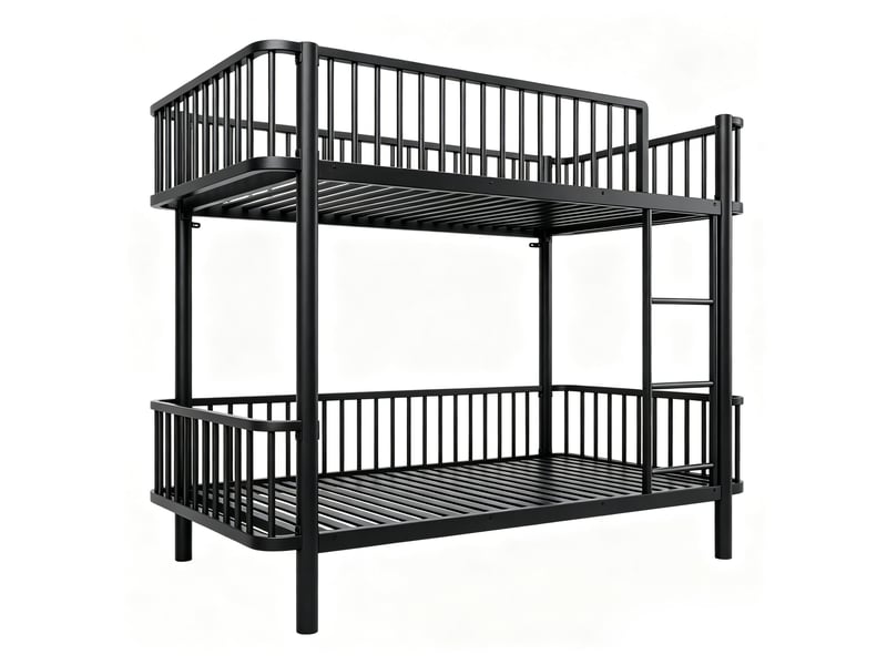 Lit superposé 90 x 200 cm gain de place, angles arrondis et barrières de sécurité, métal noir sans matelas  - Conforama A