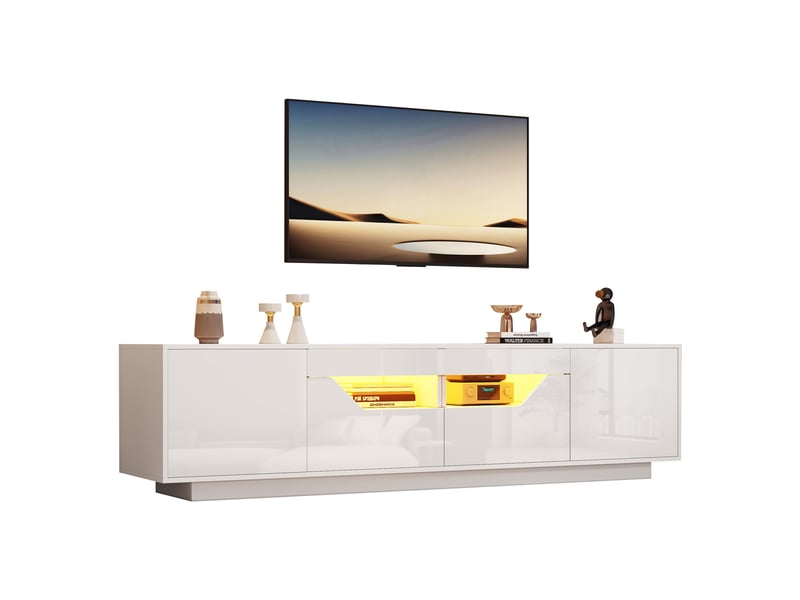  Meuble tv 180x40x45 cm, bahut tv avec 2 tiroirs et 2 portes, éclairage led contrôlable par application, finition brillante, 2 espaces de rangement semi-ouverts, panneaux de particules, design moderne, blanc Luxe haut de gamme - Conforama A