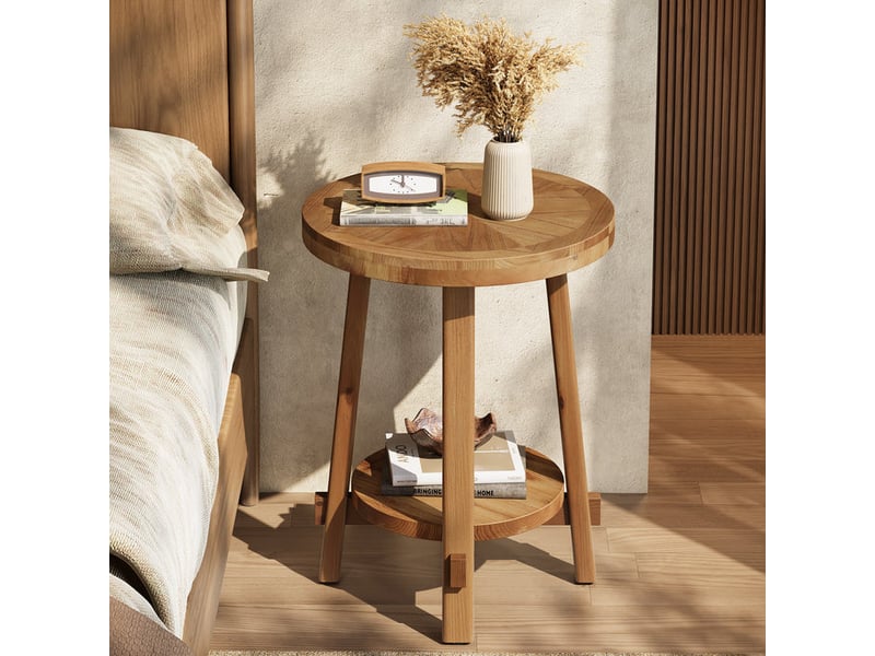  Table d'appoint en bois massif, table de canapé ronde à 2 niveaux, 50 cm, petite table basse de style champêtre pour salon, chambre et petits espaces  - Conforama E
