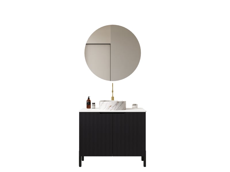  Meuble sous vasque avec 2 portes, vasque en céramique et plateau en pierre frittée pour salle de bain, 76×48×87 cm  - Conforama A